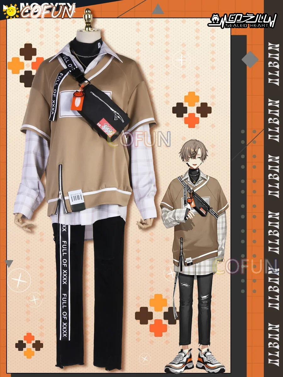 COFUN Game Vtuber Cosplay Alban Knox Cosplay Costume Sweater Shirt Pants Apron Messenger Bag Necklace Halloween New Suit Outfits