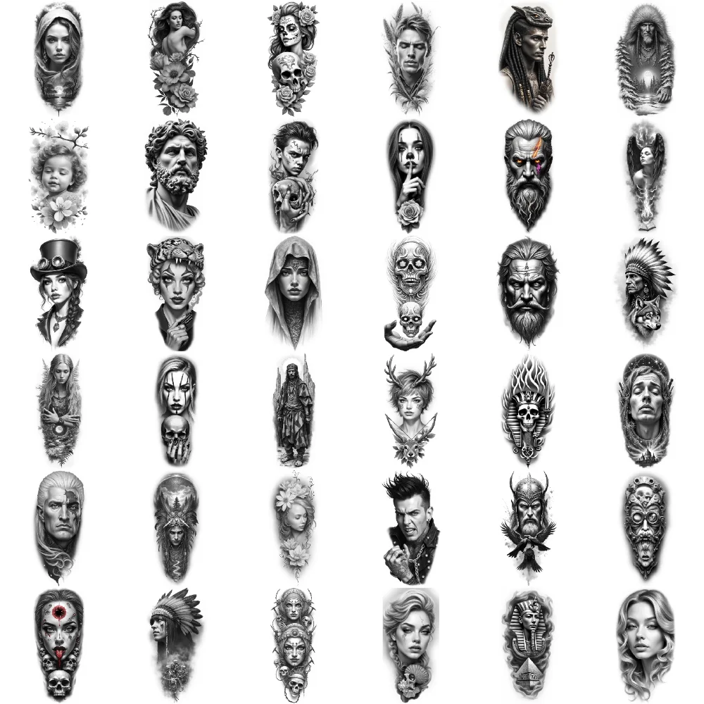 

12pcs Temporary Tattoo Black And Grey Realism Gothic Man Female With Leopard Hat Flowers With Female Face For Arms Women
