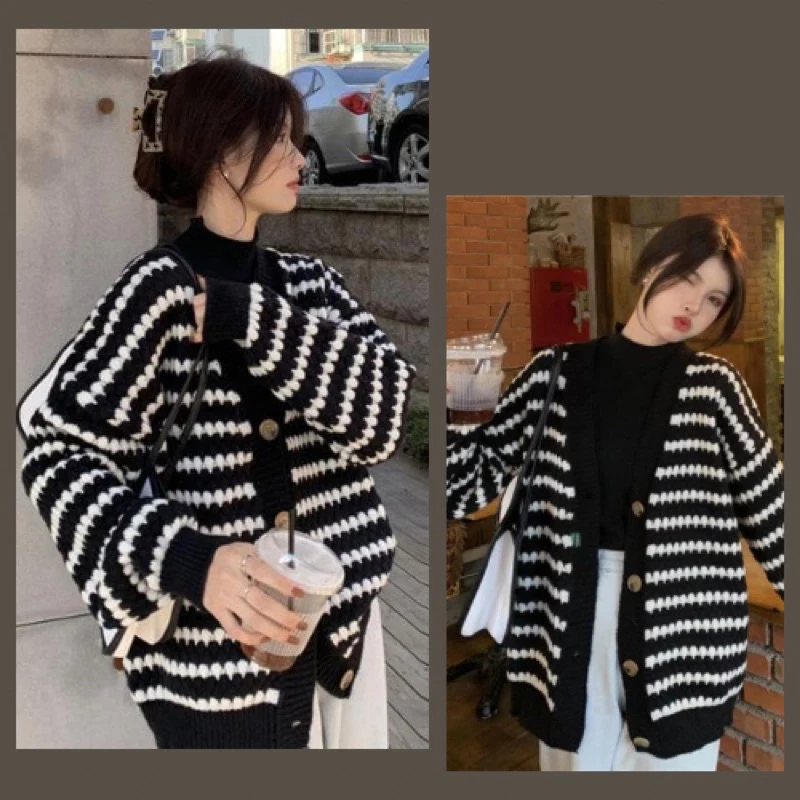 Knitted cardigan autumn 2024 new outfit with chic and lazy striped V-neck thick sweater jacket for women