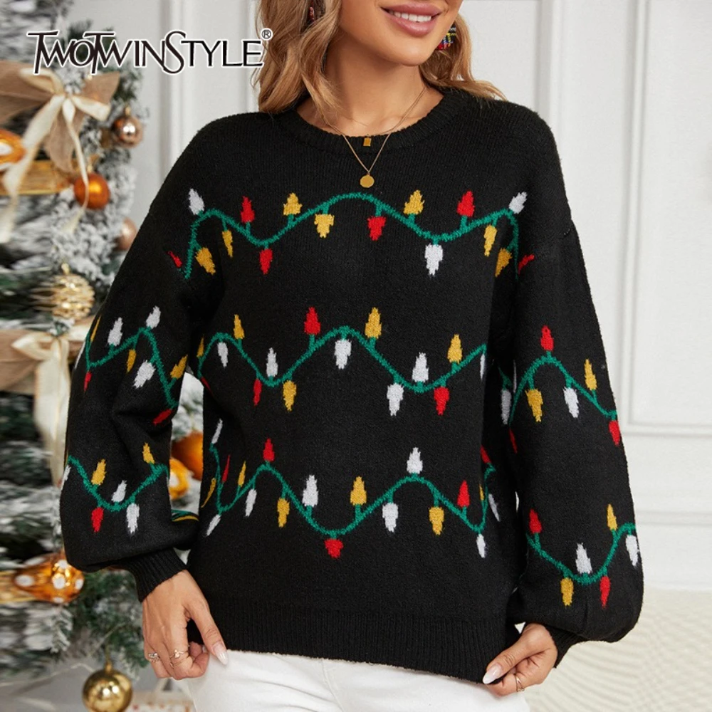 

TWOTWINSTYLE Colorful Printed Sweet Pullover for Women O Neck Lantern Sleeves Loose Christmas Knitted Sweater Female Winter New