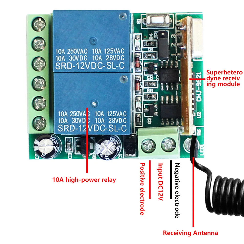 DC 12V 2CH Relay Receiver Wireless Remote Control Switch Module 433Mhz Remote Controller RF Wireless Remote Switch