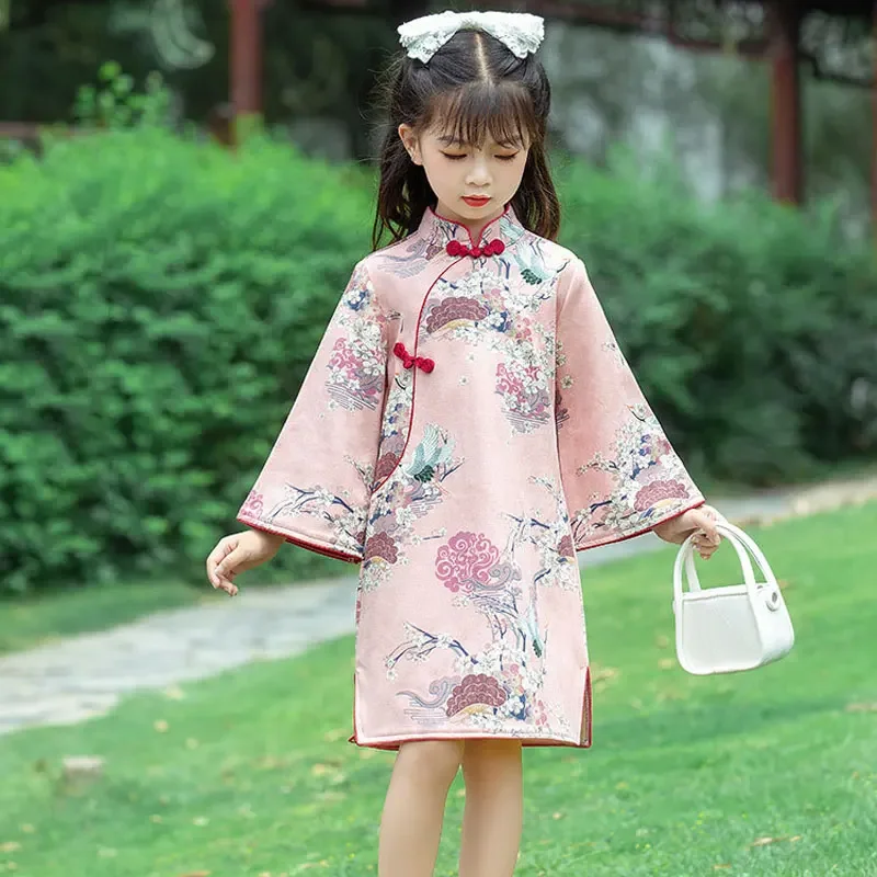 Girls Dress 2026 Autumn Winter Long-sleeved Cheongsam for Kids Children Chinese Style Princess Dress Tang Suit Hanfu Clothes
