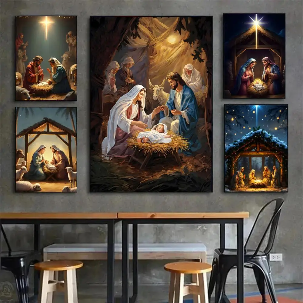 religious holiday graphic Nativity Scene Poster Painting Wall Art Mural for Living Room Home Decor and Gifts