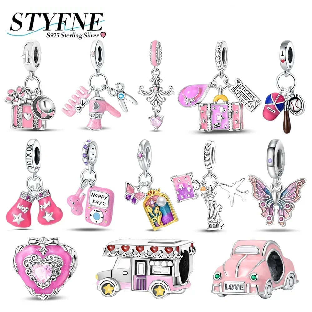 

Exquisite 925 Sterling Silver Pink Series Boxing Set Suitcase Cap Earphone Comb Charms Fit DIY Bracelet Necklace Jewelry Gifts