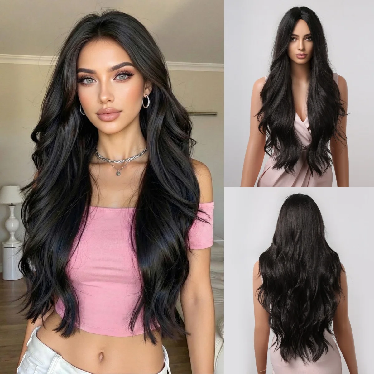 

Natural Black Synthetic Wigs Long Water Wave Middle Part Wigs Cosplay Daily Party Hair Wig for Women Uae Heat Resistant Fiber