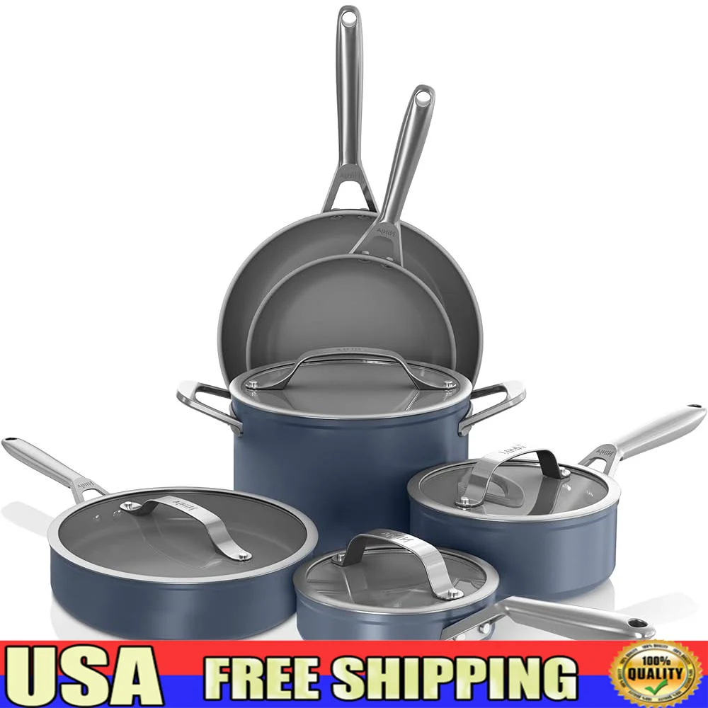 10-Piece Non-Stick Cookware Set Ceramic Coated Pots Pans Stainless Steel Handles Glass Lids Heat Resistant Scratch Resistant