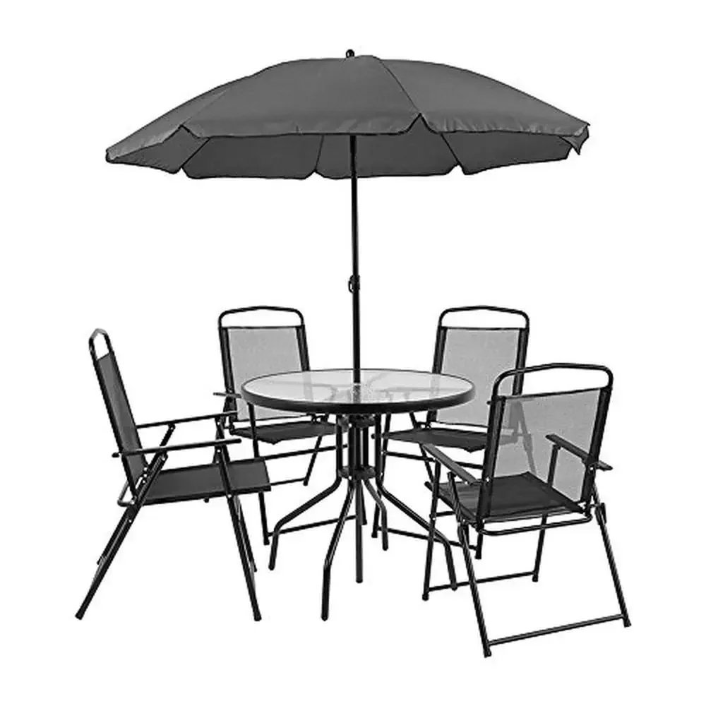 

6-Piece Patio Garden Table Set with Umbrella Black Folding Chairs Outdoor Dining Furniture 4 with Glass Table Textilene Chairs