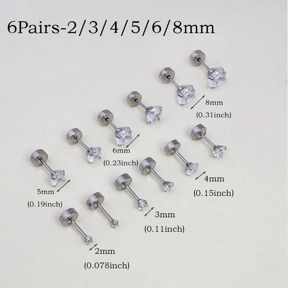 6Pairs Rvs Plat Schroef Studs Oorbellen Voor Vrouwen Mannen 4 Prong Tragus Kleine Ronde Clear Zirconia Oor sieraden