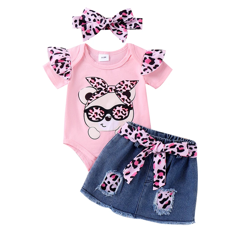 

Baby Girl Summer Outfits Leopard Print Fly Sleeve Romper Ripped Denim Skirts with Belt Headband 3Pcs Clothes Set