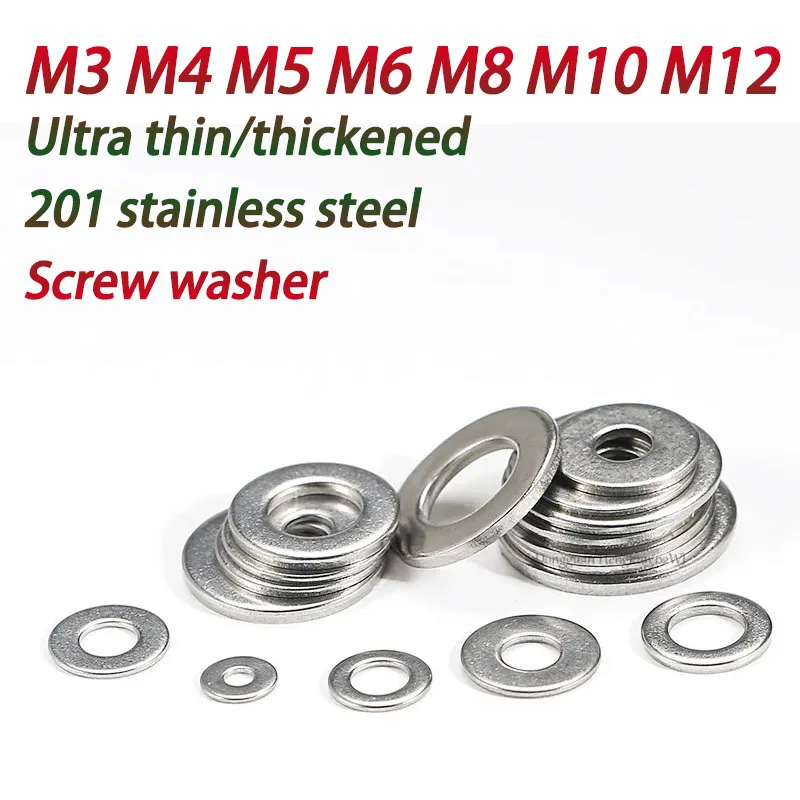 

100 Pcs 201 Stainless Steel Plain Washers Bolt Flat Gasket M3 M4 M5 M6 M8 M10 M12 Metal Gasket Meson Plain Washers