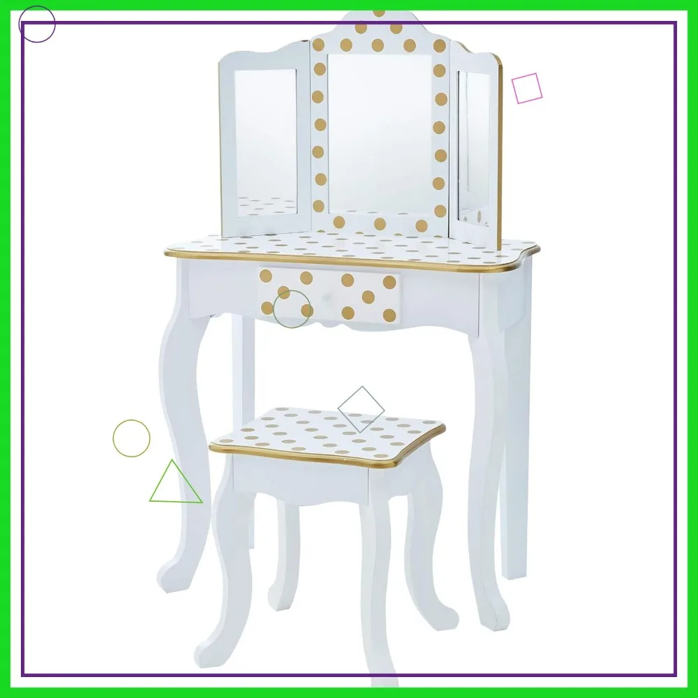 Princess Polka Dot Wooden Play Vanity Set with Mirror, Drawer & Stool for Kids Ages 3+