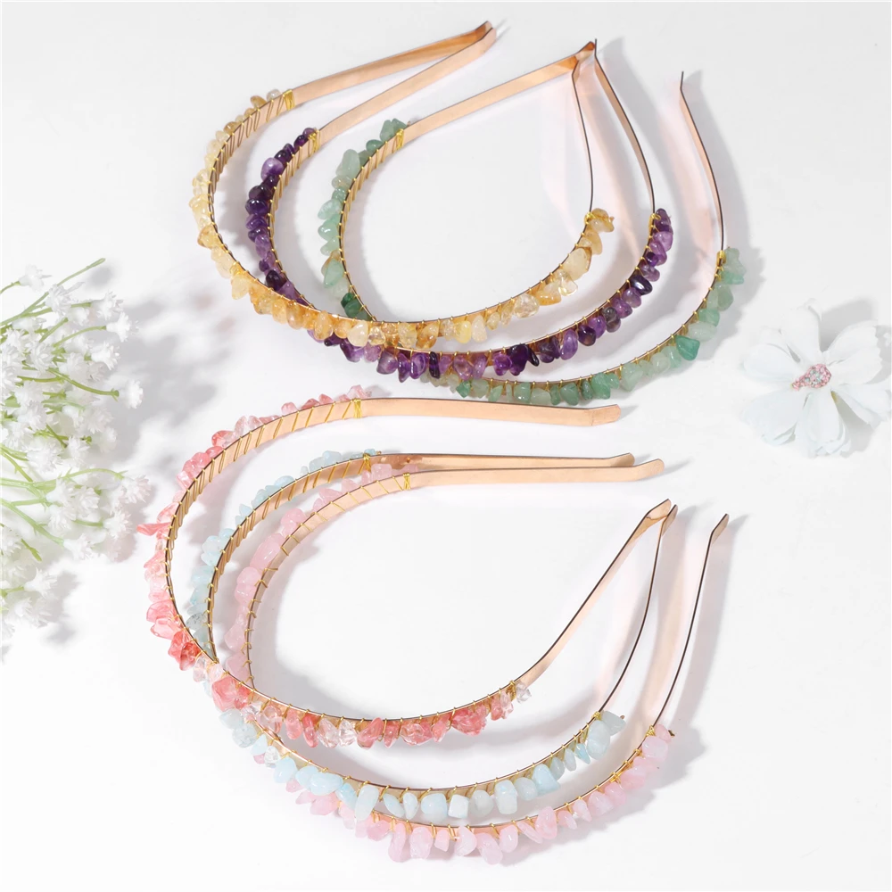 Natural Crystal Chip Beads Hair Hoops For Women Girl Citrine Amethysts Malachites Gravel Headwear Headbands Hair Accessories