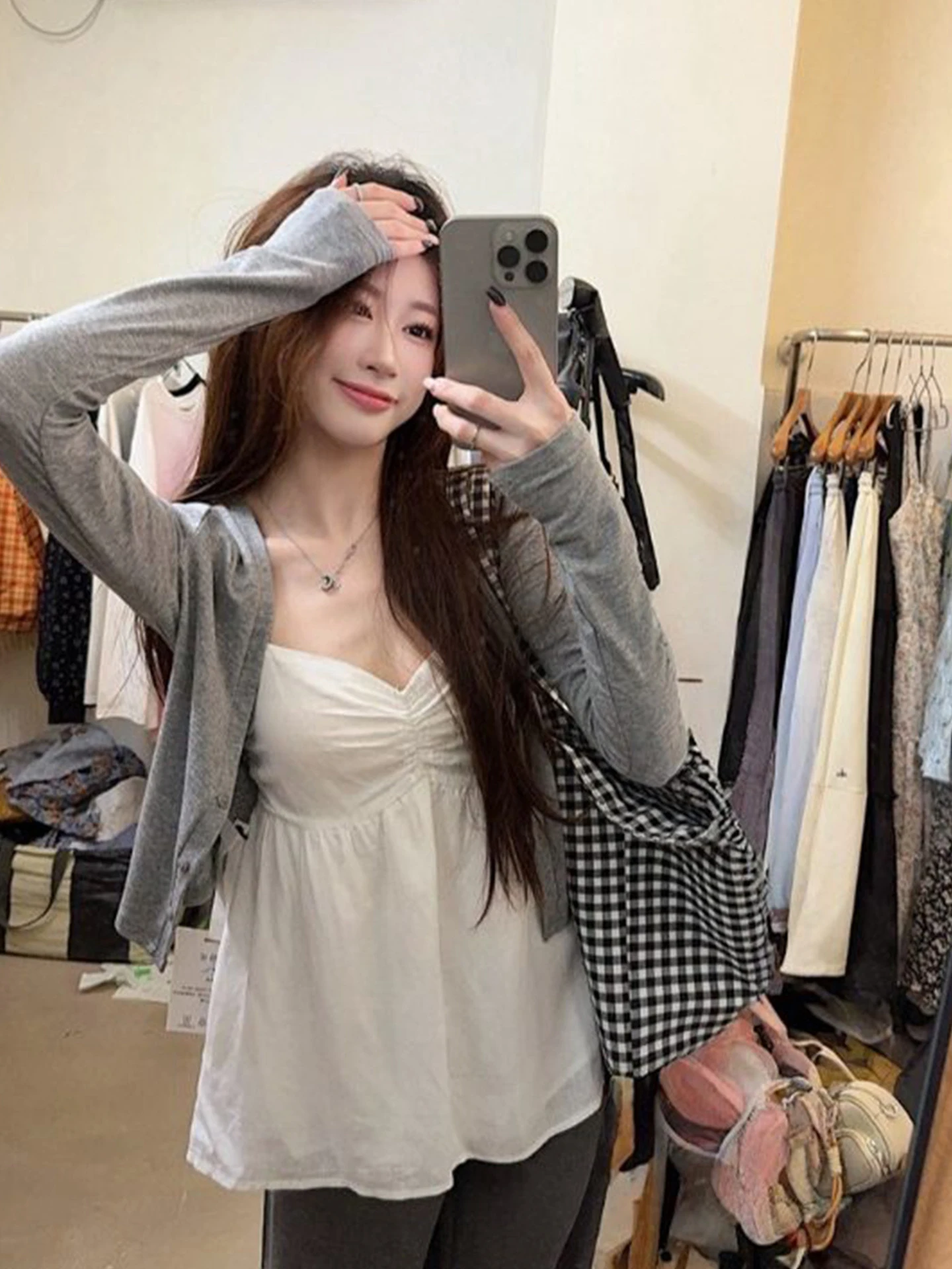 plus Size Korean Style V-Neck Long Sleeve Open Cardigan Two-Piece Set Women Summer Slimming Top Casual Hollow out Design