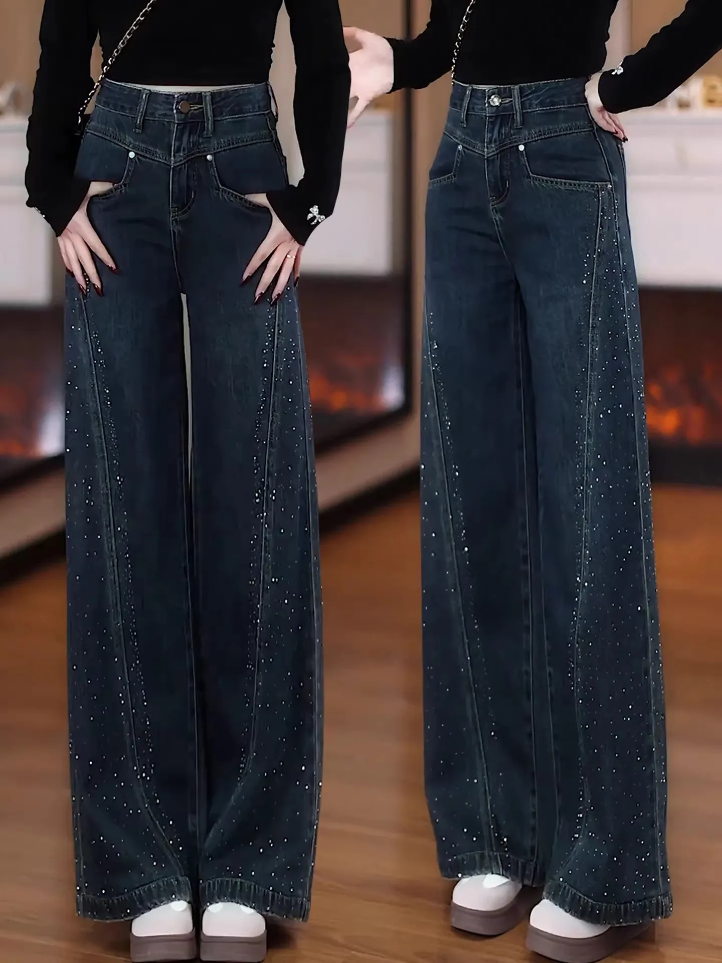 

Retro Blue Wide Leg Denim Jeans Women's Spring Autumn New Drill High Waist Large Foot Pants Straight Floor-Length Trousers