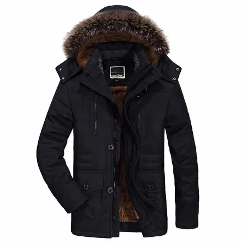 

Parkas Men Padded Cotton Coat Fur Collar Hooded Long Outdoor Thicken Men Winter Coat Plush Wool Liner Hooded Jacket Snow Parkas