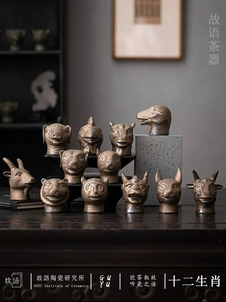 Twelve Zodiac Animal Head Accessories, Ceremony Home Decor, Antique Shelf Ceramic Tea Pet Ornaments, Vintage Chinese Style Gift