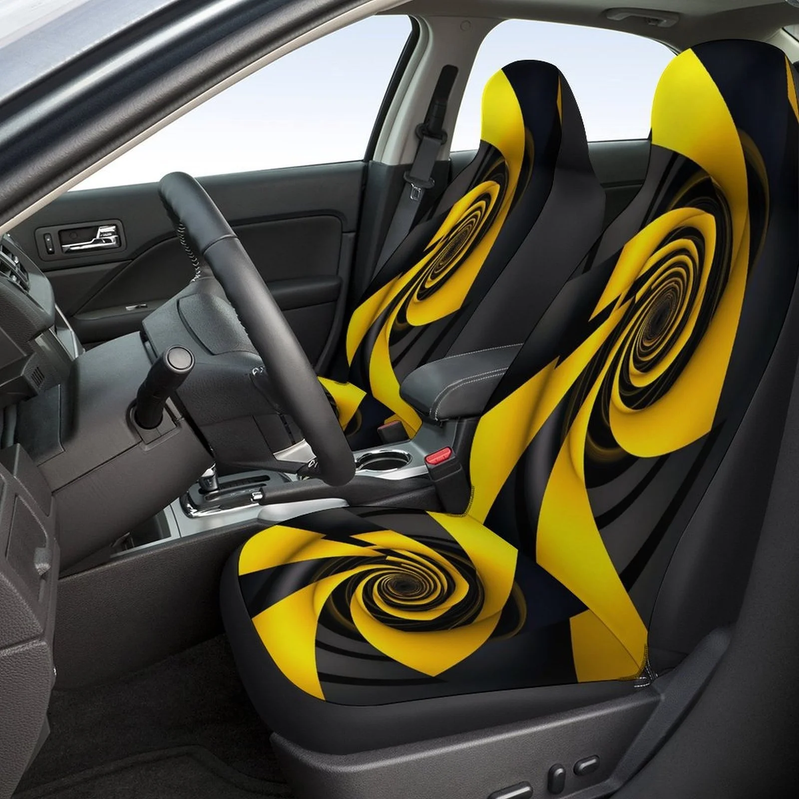 Yellow And Black Spiral Themed Car Seat Cover Set For Most Cars, Fashion Novelty Car Seat Protector Covers Full Set, Car Seat