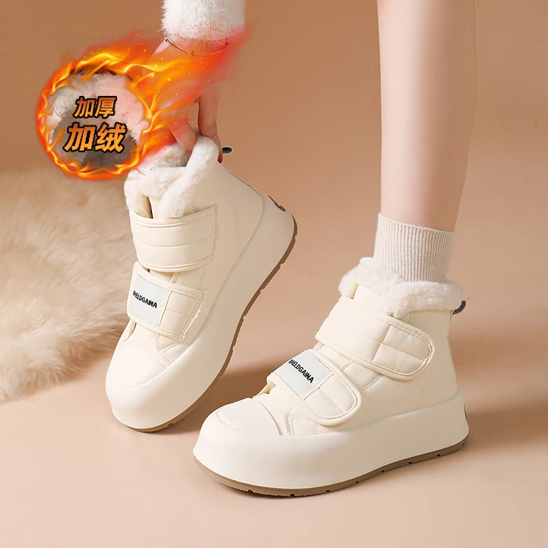 

CRLAYDK Женские высокие туфли на меховой подкладке, зимние теплые кроссовки на липучке, зимние уличные прогулочные кожаные ботильоны