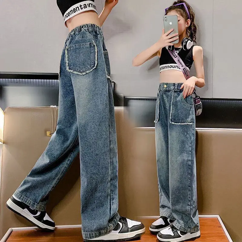 Spring Summer Teenager Girls Denim Wide Leg Pants Children Trousers Casual Baby Girls Jeans 4 6 8 10 11 12 13 Years Kids Clothes