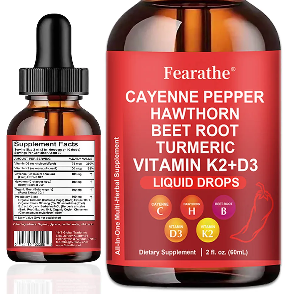 Gotas de Pimienta Cayena, Extracto de Pimienta Cayena con Mezcla de Hierbas - Incluye Espino Blanco, Vitamina K2 y D3, Raíz de Remolacha y Cúrcuma