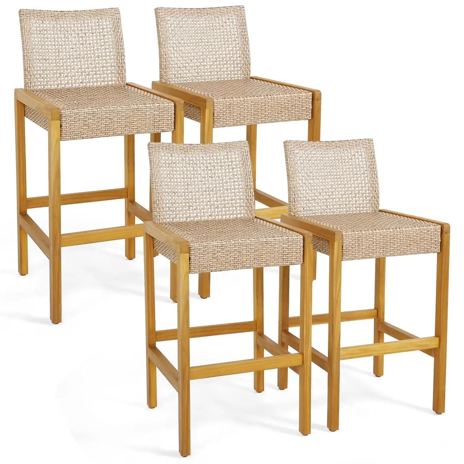 

Outdoor Rattan Bar Stools Set 4, High Back Footrest Wood Frame 30in Counter Height 400LB Garden Poolside, Customized