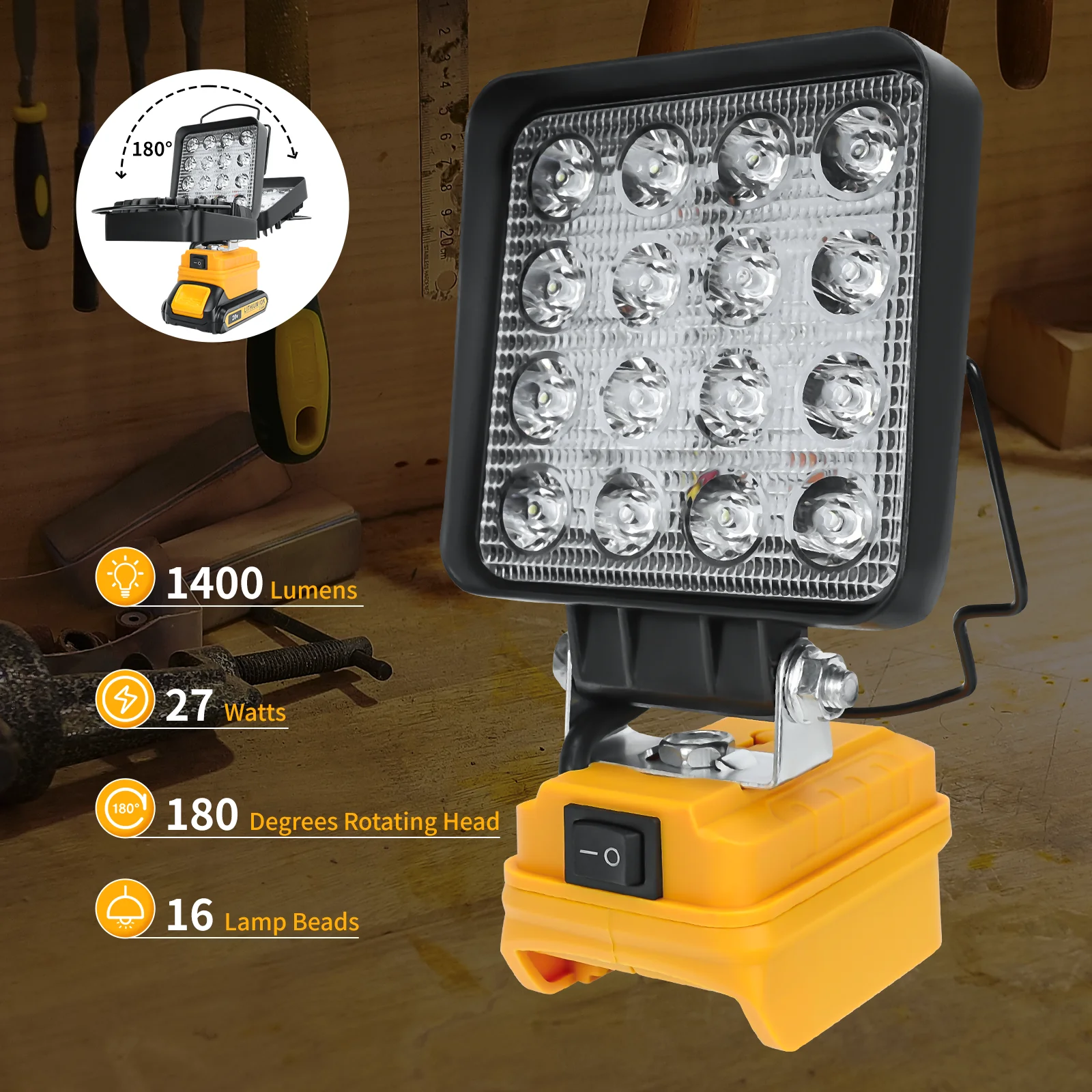 Luz de trabajo LED inalámbrica de 27W y 1400LM para iluminación de inundación exterior con batería Dewalt de 20v con puerto de carga USB dual (sin batería)