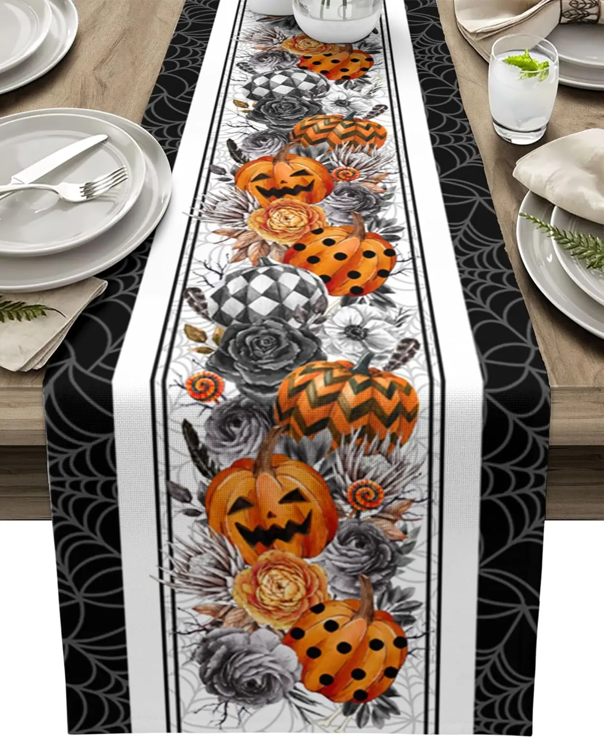 Halloween Ghost Pumpkin Rose Spider Web Linen Table Runner Home Decor Washable Kitchen Dining Table Runners Halloween Decoration