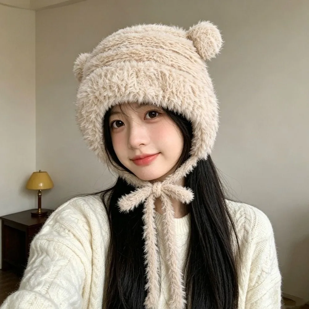 Polyester Material Ear Flap Hat Fits 55cm to 58cm Head Circumference Bear Ear Warm Winter Knitted Hat