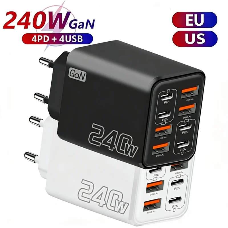 240W 8 in 1 GaN Multi Port Desktop Charger 4PD 4USB EU US Plug PD Power Adapter For iPhone15 16 Pro Samsung Xiaomi Phone Charger