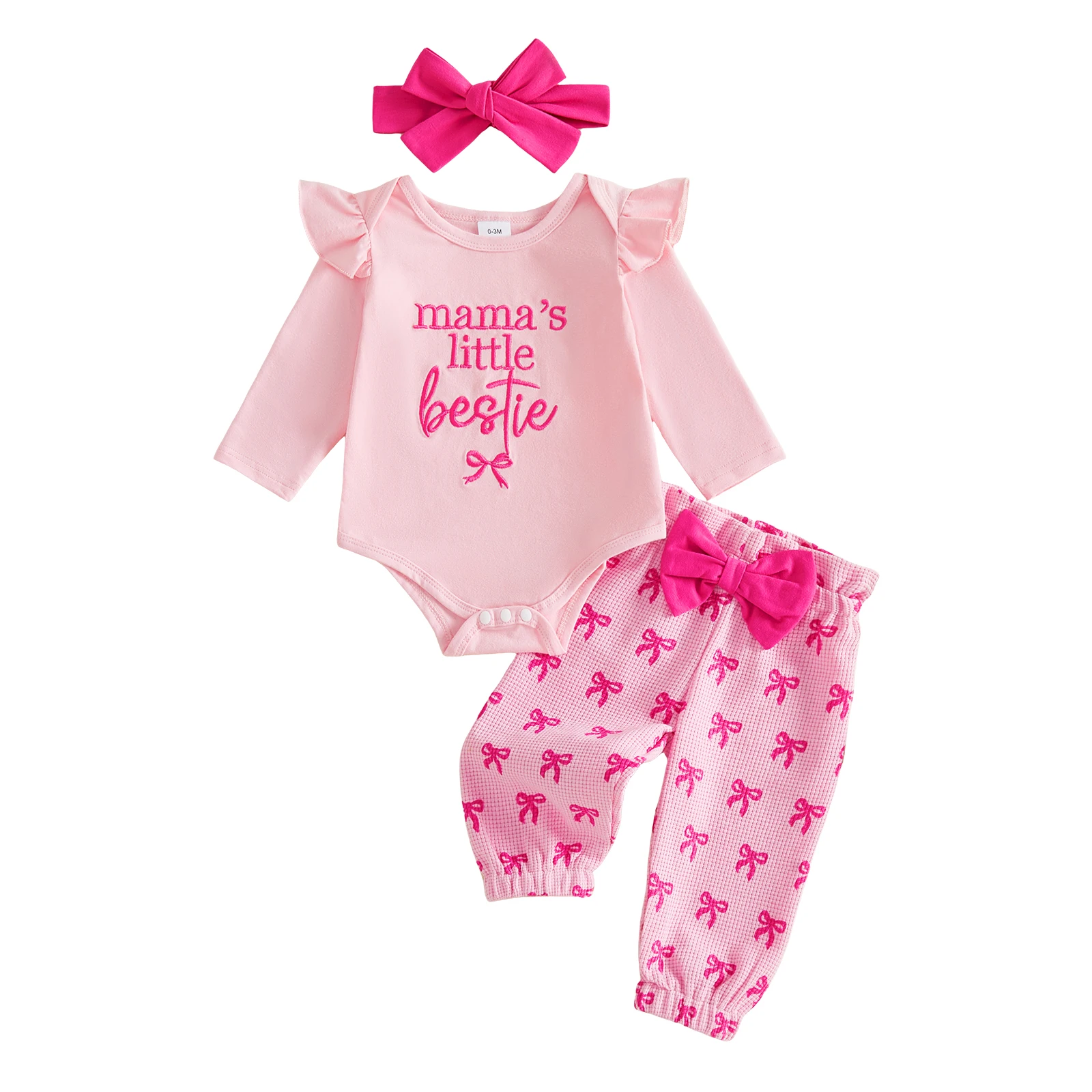 Baby Girl Fall Outfit Crew Neck Long Sleeve Romper Pants& Bow Headband 3Pcs