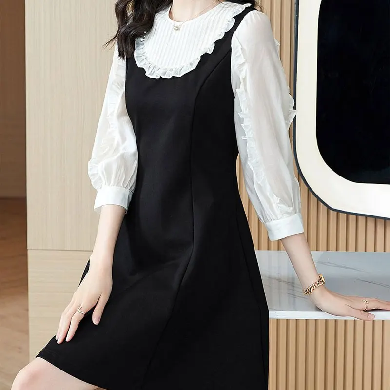 

Spring Summer Stylish Beading Midi Dress Round Neck Female Edible Tree Fungus Spliced Fake Two Pieces Commute 3/4 Sleeve Dresses