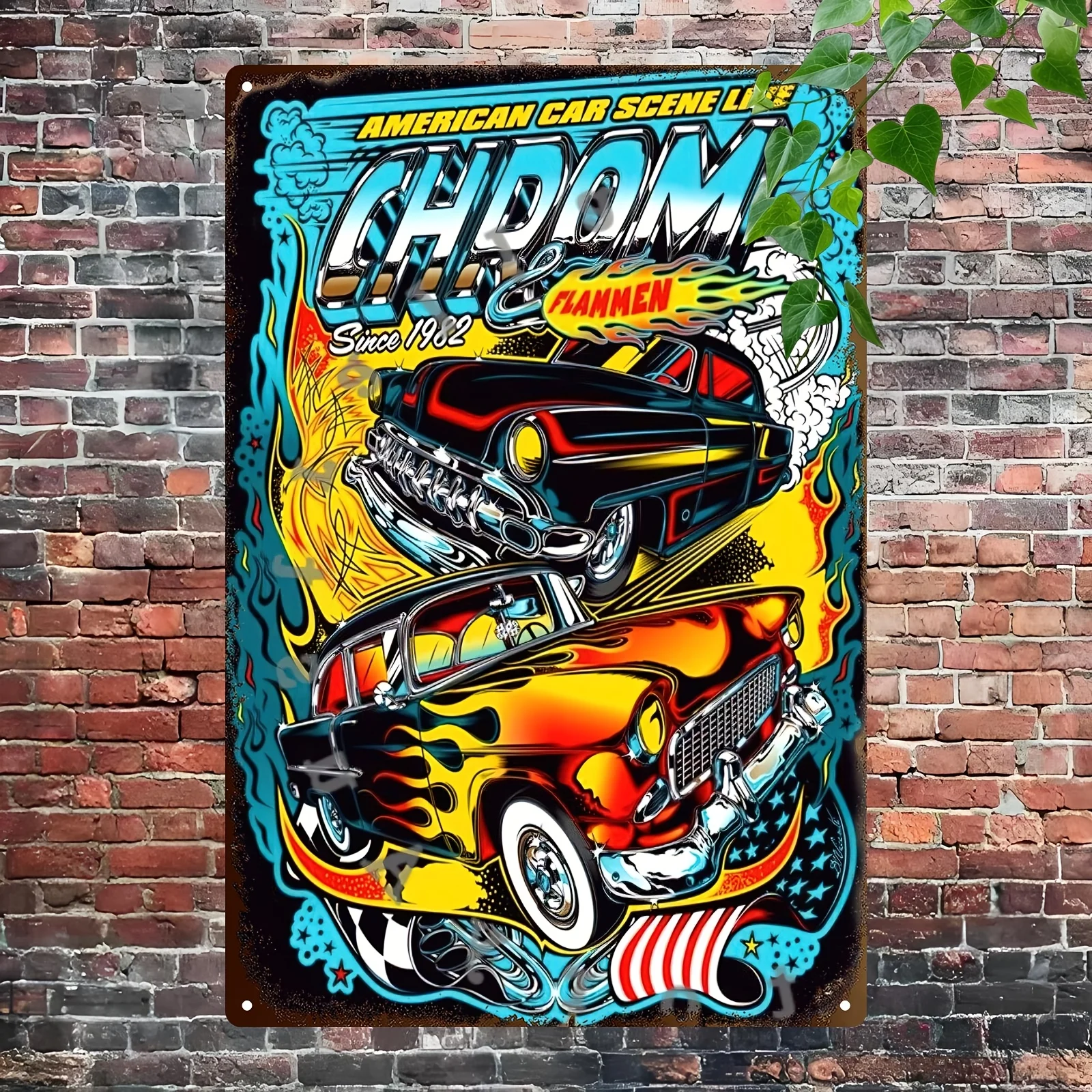 Vintage CHROM FLAMMEN Metallschild - Rustikale Retro-Auto-Kunst für Garage, Bar, Männerhöhle oder Heimdekoration, Blechschild mit "American C"