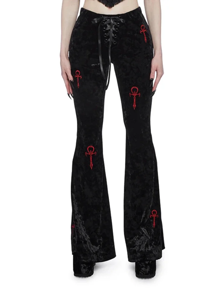 Velvet High Waist Flare Pants Harajuku Fashion Cross Embroidery Soft Long Pant Women Autumn Mall Gothic Slim Trousers