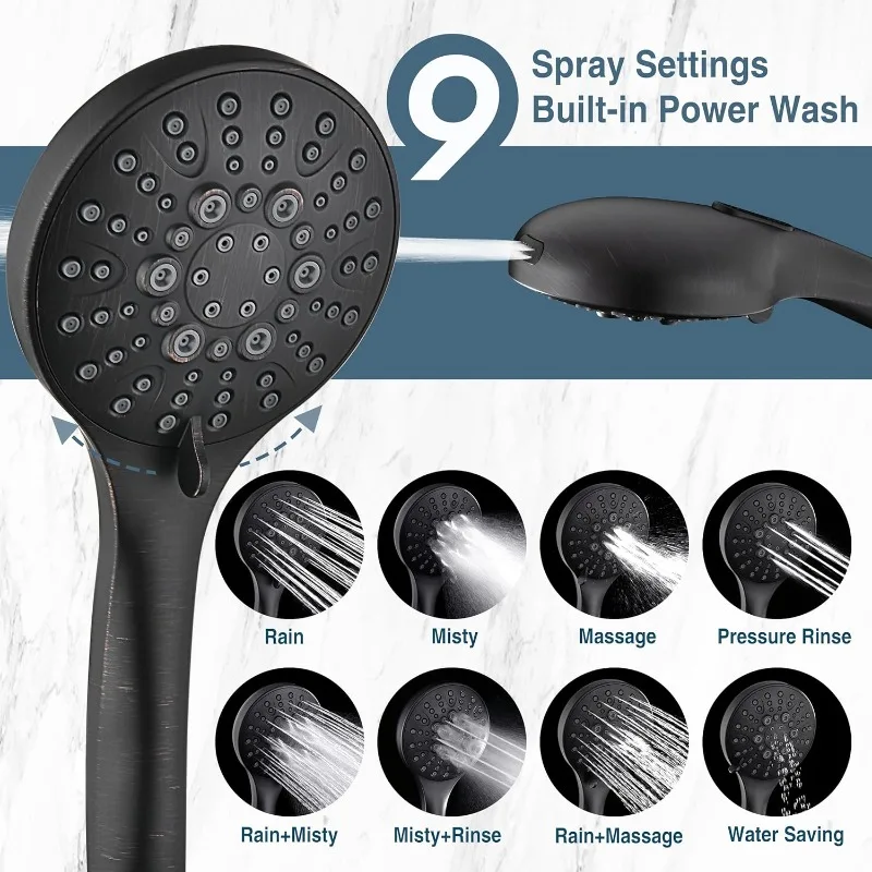 High Pressure Shower Head with Handheld, 9Spray Settings Showerhead Built in Power Wash to Clean Tub and Pets,Extra Long 69