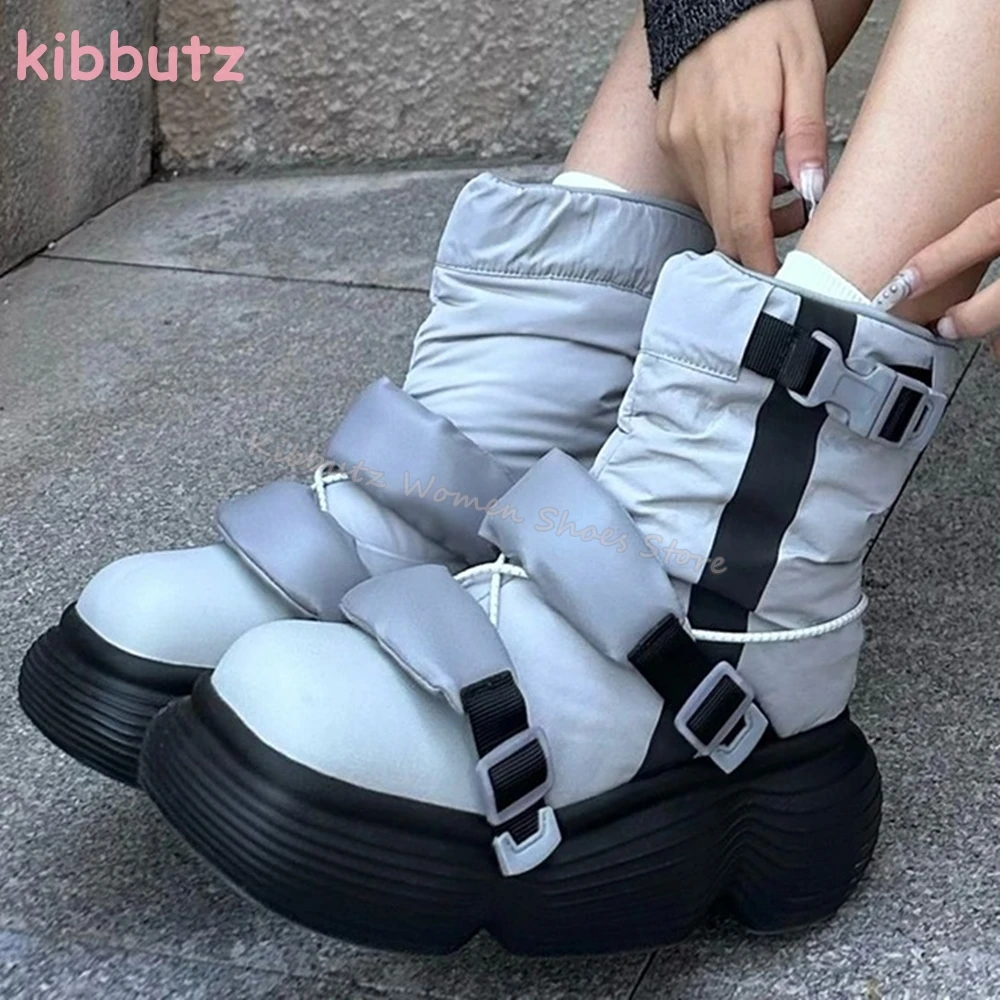 

Winter Mid-Calf Snow Boots Belt Buckle Mixed Color Round Toe Height Increasing Fashion Warm Novelty Comfortable Women Shoes New