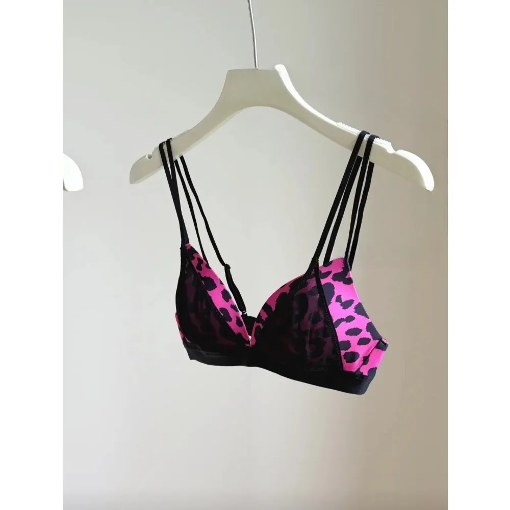 BANERDANNI French Leopard Print Triangle Bra Set Thin Breathable No Steel Ring Sexy Deep V Beauty Back Lingerie 32‑38AB Bra set