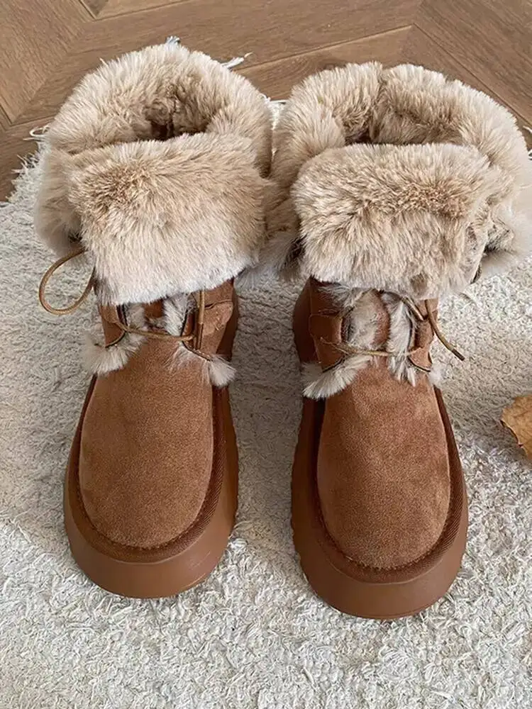 

Fur Snow Boots Women's 2025 Winter New Retro Fur Leather Snow Boots Thick Soled Fleece Lined Warm Anti Slip Cotton Boots