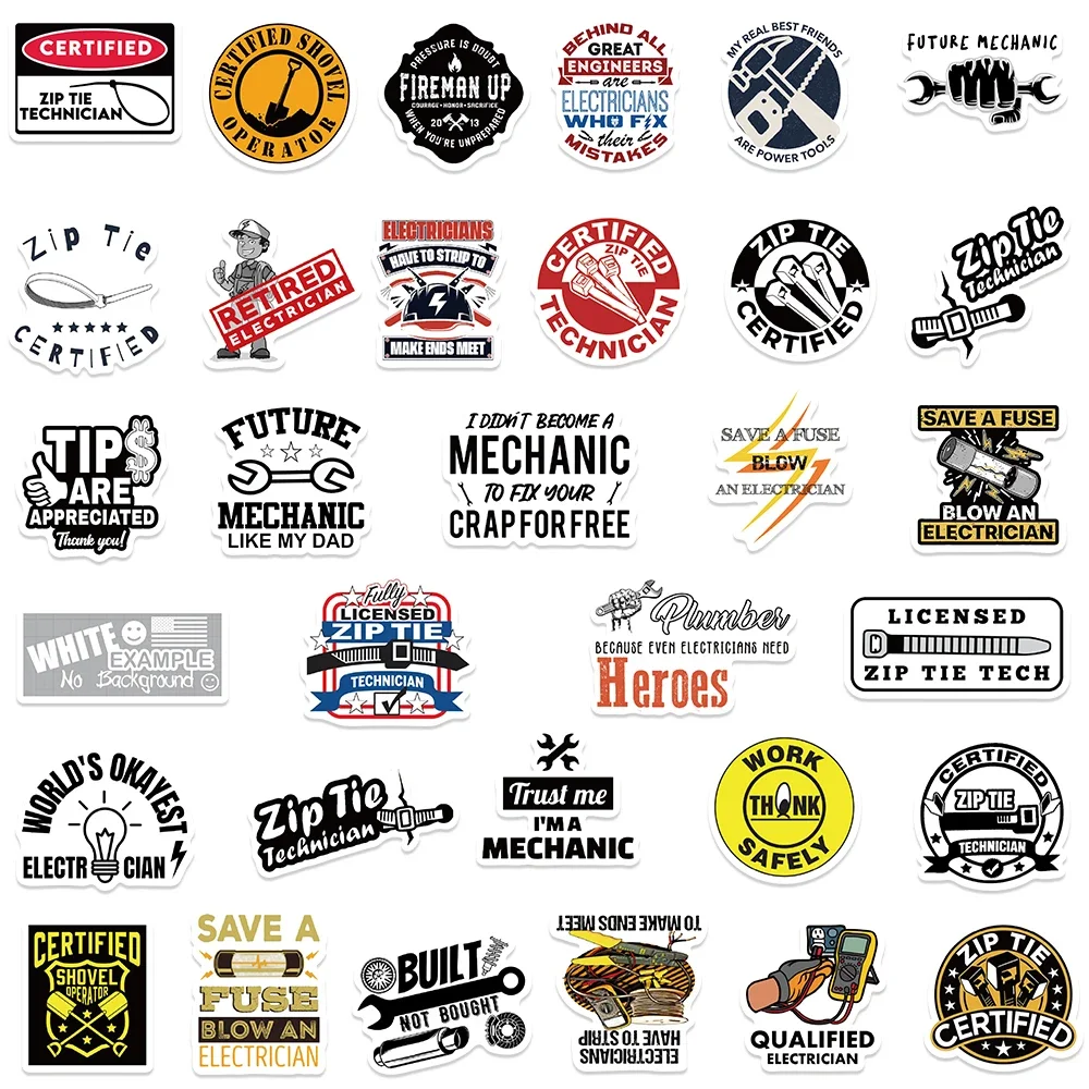 65pcs Funny Zip Tie Certified Stickers Technician Mechanic Electrician Construction Hard Hat DIY Sticker Phone Waterproof Decal