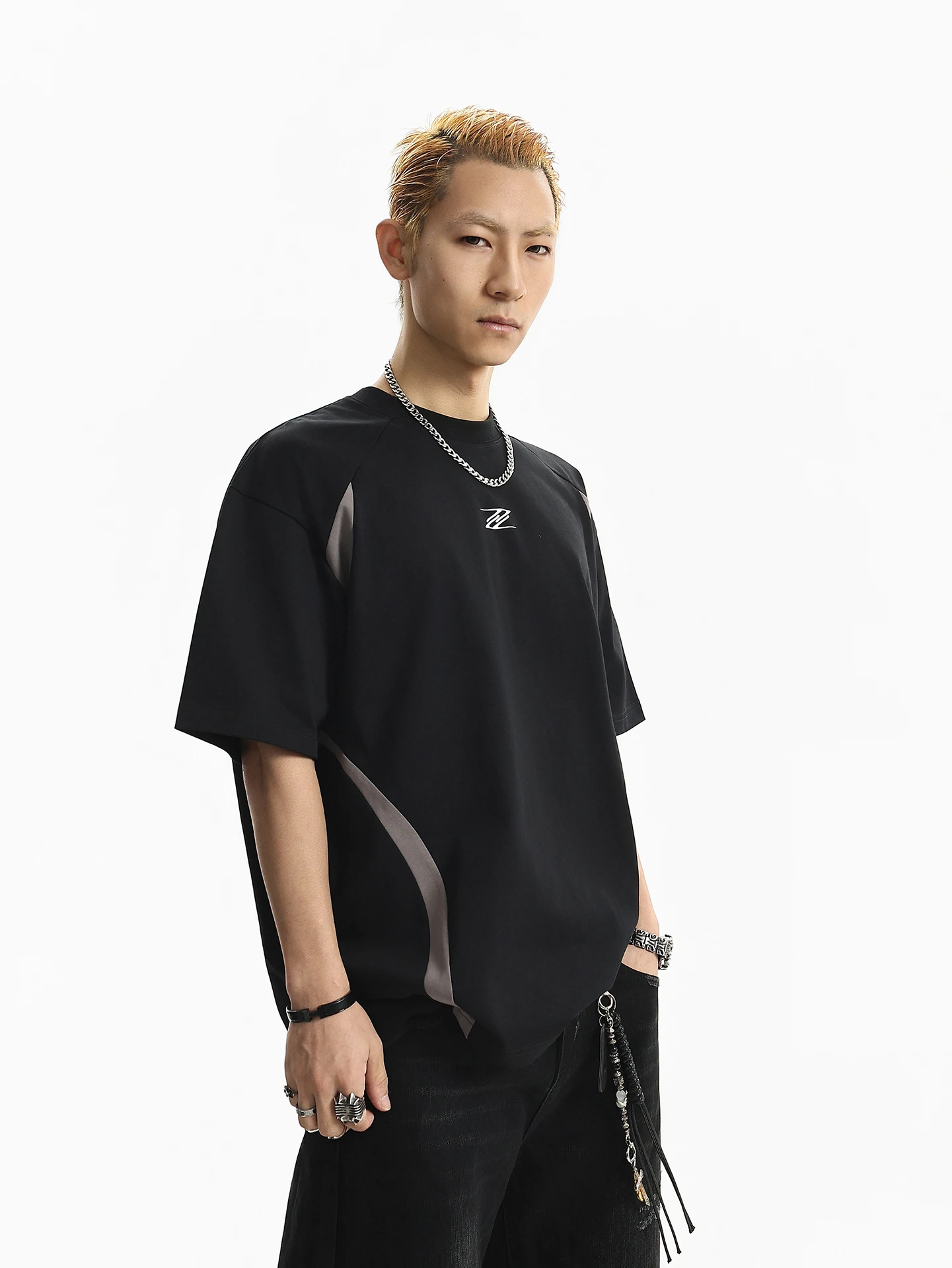 

BETEBULE American High Street Letter Print Color Block round Neck Short Sleeve Men's T-Shirt Summer Loose Half Sleeve Top