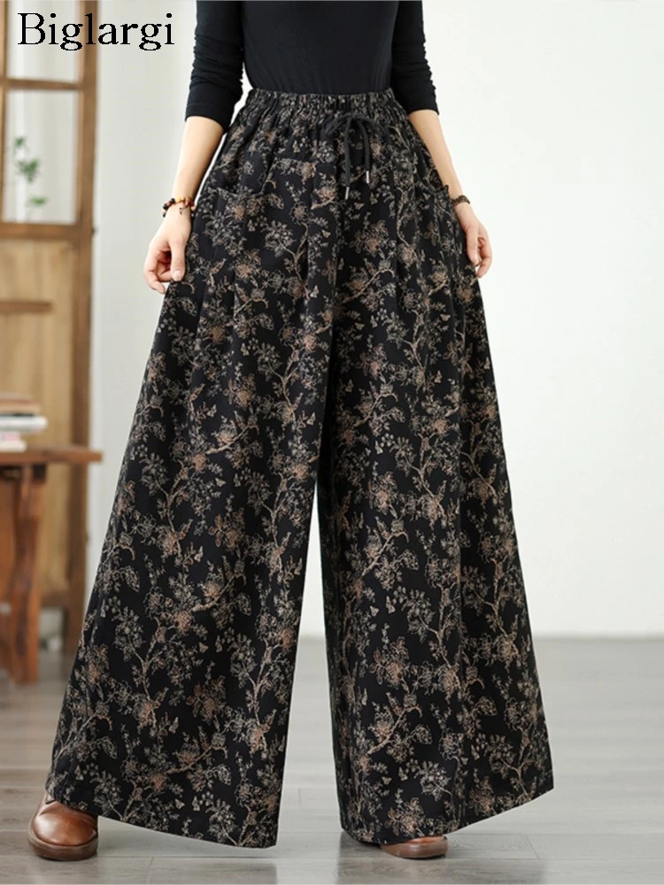 

Джинсы большого размера, эластичные осенние брюки с высокой талией, женские модные свободные женские брюки с цветочным принтом, широкие женские брюки
