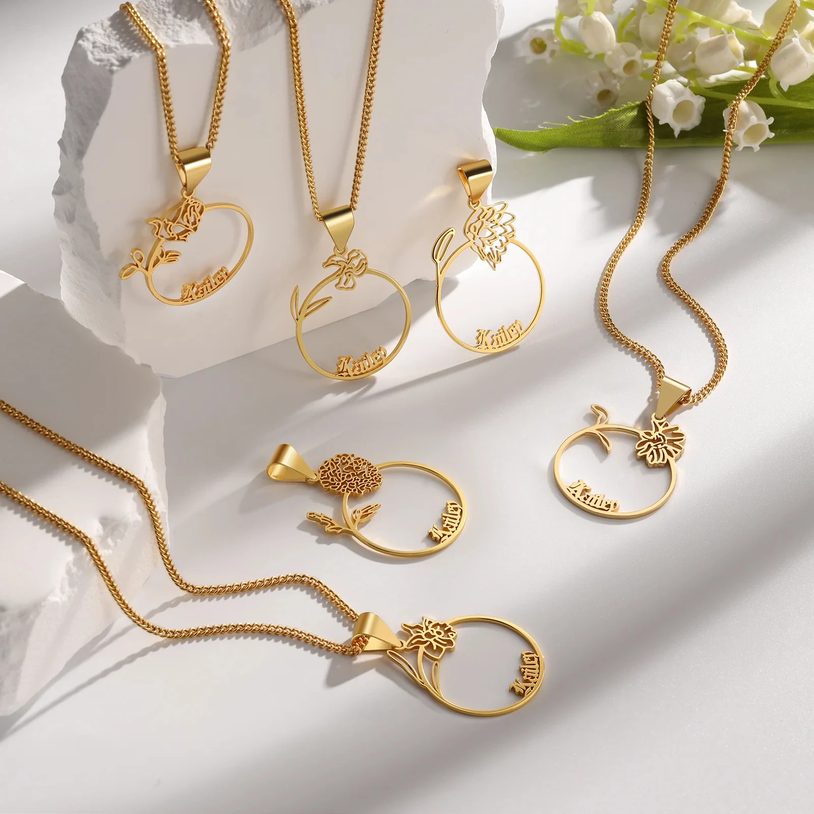 Custom Round Birth Flower Neckalce Personalized Cursive Name Choker Bespoke Floral Necklaces For Women Stainless Steel Jewelry