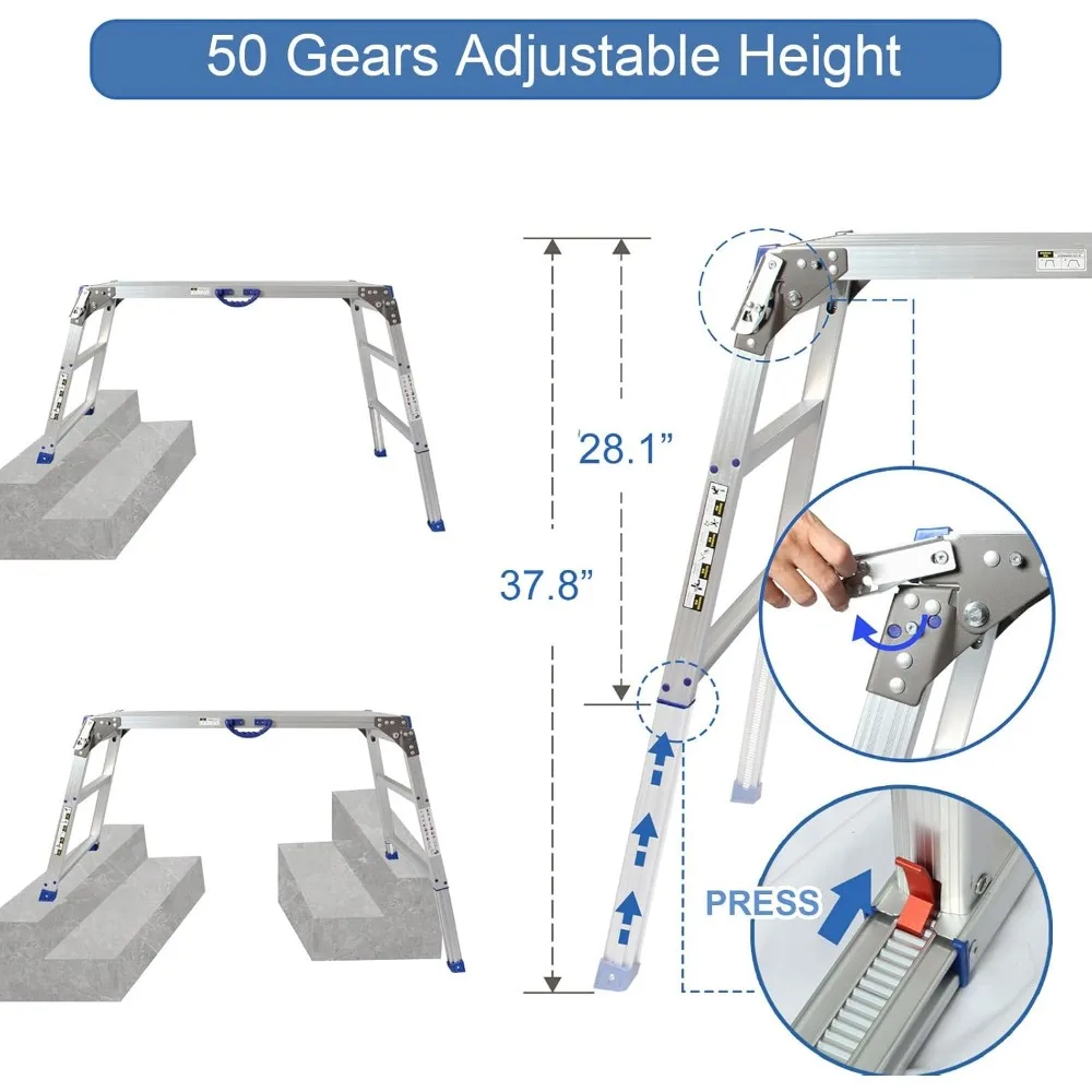 LEADALLWAY Adjustable Work Platform (47x20) Ultra-Wide Portable Folding Aluminum Work Platform 330 Lbs Capacity 50 Gear Adjustab