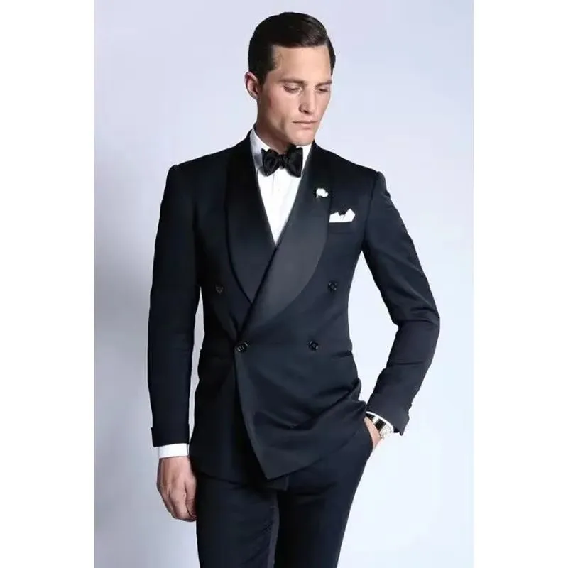 

Black Double Breasted Wedding Suits for Men Shawl Lapel Jacket Slim Fit 2 Piece Prom Tuxedo Groom Blazer Sets Costume Homme