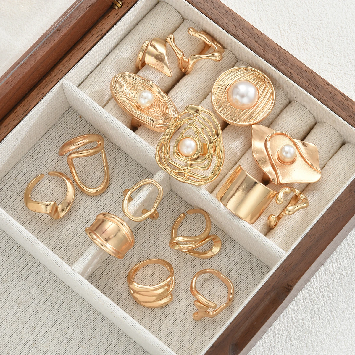 15 قطعة الشرير السلس هندسية مفتوحة خواتم مجموعة للنساء مبالغ فيها غير المتكافئة الذهب اللون الأزهار سميكة مكتنزة خواتم مجوهرات الحفلات #5