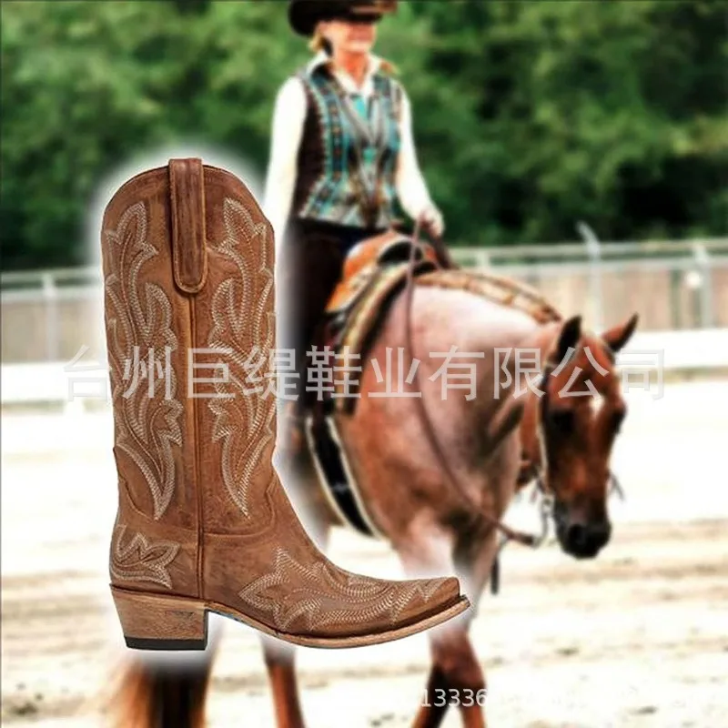 Ladies Boot Classic Embroidered Western Cowboy Boots Women Leather Cowgirl Boots Low Heel Shoes Knee High Woman Boots