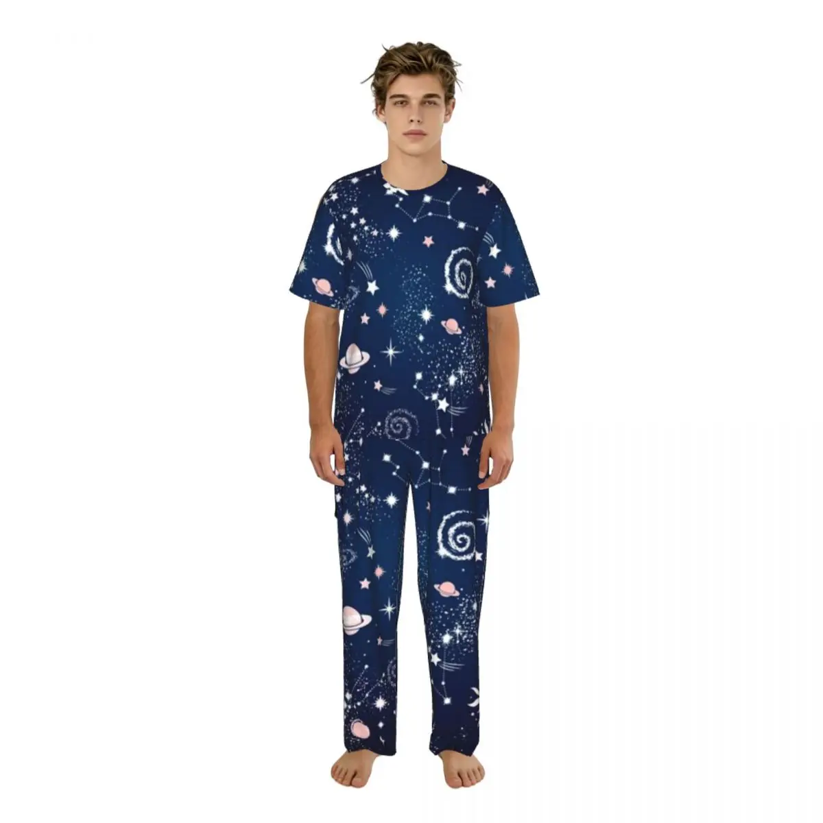 

Мужской пижамный костюм с короткими рукавами и длинными брюками, одежда для сна с изображением галактики и созвездий, летний комплект домашней одежды