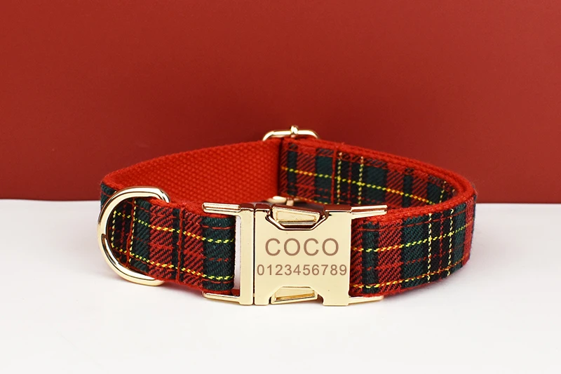 Maßgefertigtes Designer-Logo Weihnachts-Hundehalsband Rotes Karo Weiche Baumwolle mit Passender Leine Luxus-Haustiergeschirr-Set für Hunde – Detail 2