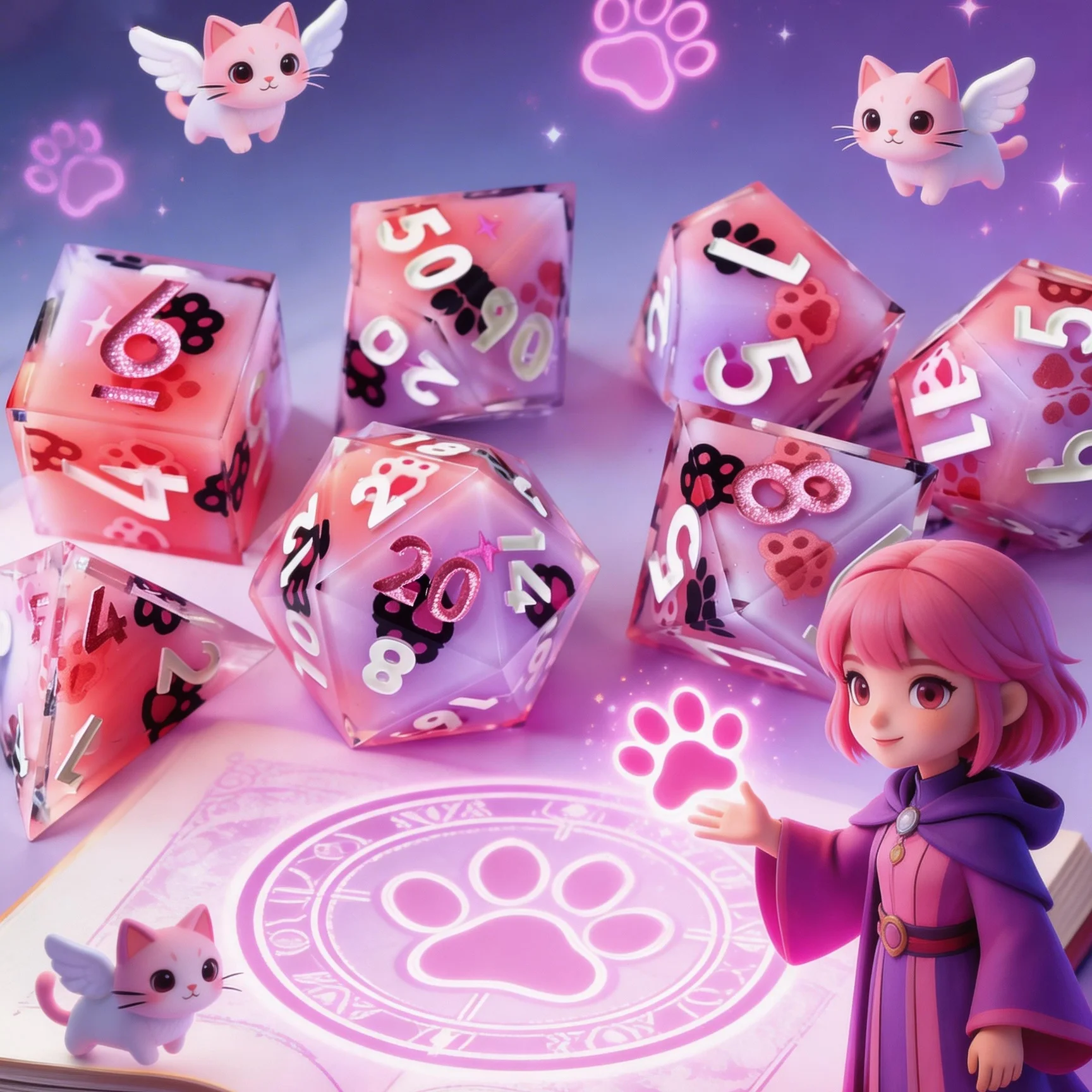 

7Pcs Cat Paw Print Resin Dice Set,Sharp Edge Handmade Polyhedral Dice DND Role Playing Dice,Fantasy Board Games Gift for Friends