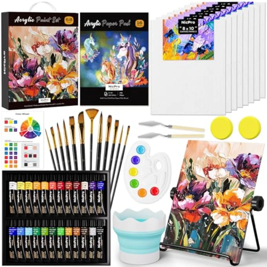 

68PCS Acrylic Paint Canvas Set for Adults, Art Painting Supplies Kit with 24 Acrylic Paints, Table Easel, 8 Canvas Panels, 12 B