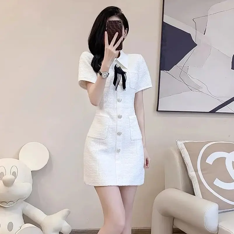 White Bow Pocket Buttons Short Sleevs A-line Dress For Women\'s Summer New Temperament French Waist Slimming Small Fragrant Style